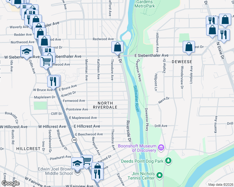 map of restaurants, bars, coffee shops, grocery stores, and more near 345 Knecht Drive in Dayton