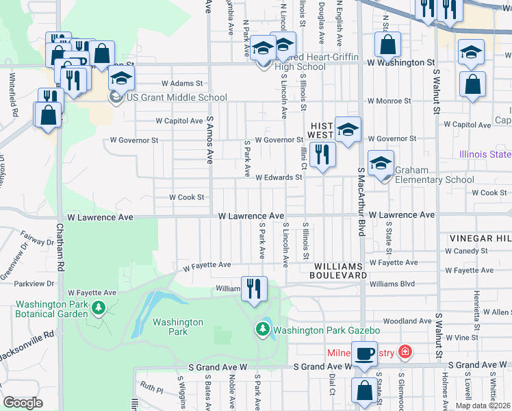 map of restaurants, bars, coffee shops, grocery stores, and more near 709 South Park Avenue in Springfield