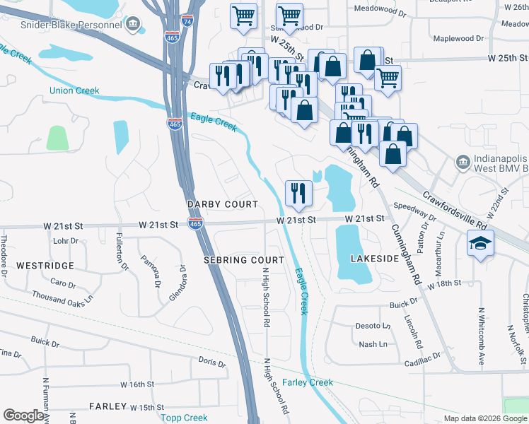 map of restaurants, bars, coffee shops, grocery stores, and more near 6290 West 21st Street in Speedway