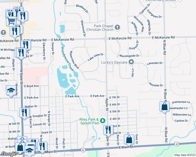 map of restaurants, bars, coffee shops, grocery stores, and more near 200 Creek Wood Drive in Greenfield