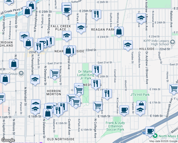 map of restaurants, bars, coffee shops, grocery stores, and more near 1702 Broadway Street in Indianapolis