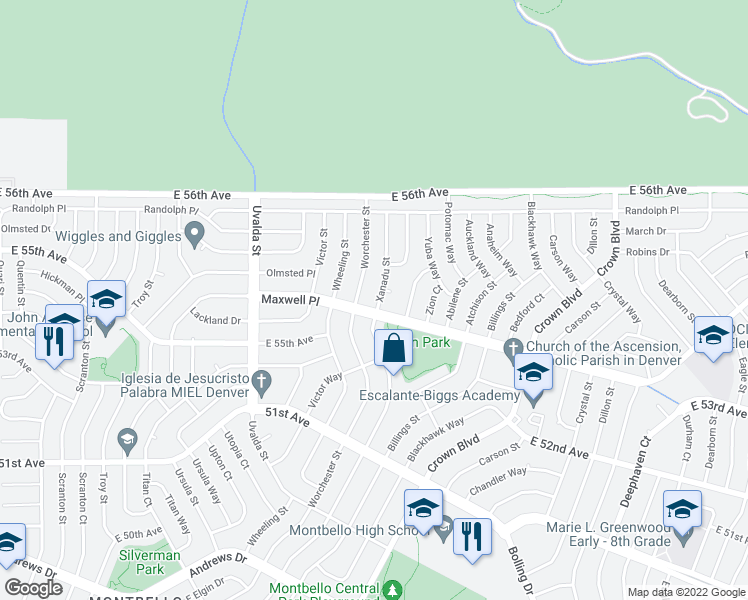 map of restaurants, bars, coffee shops, grocery stores, and more near 5533 Xanadu Street in Denver