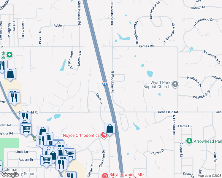 map of restaurants, bars, coffee shops, grocery stores, and more near 3104 North Woodbine Road in Saint Joseph