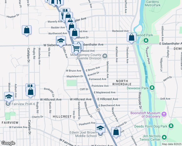 map of restaurants, bars, coffee shops, grocery stores, and more near 29 Knecht Drive in Dayton