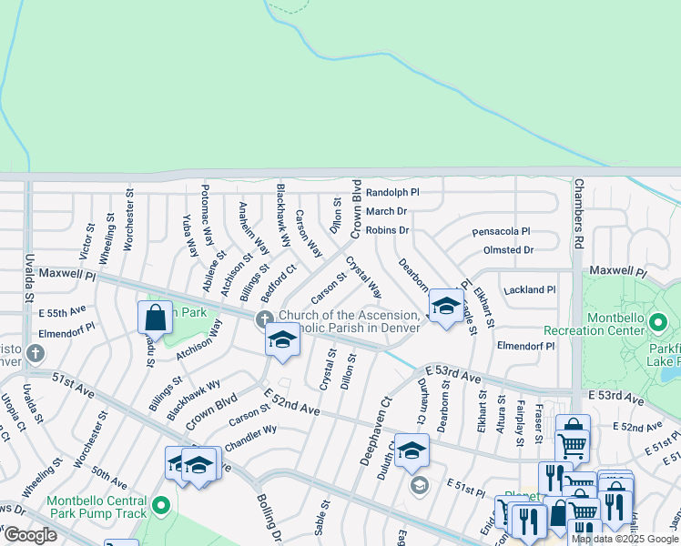 map of restaurants, bars, coffee shops, grocery stores, and more near 5546 Crown Boulevard in Denver