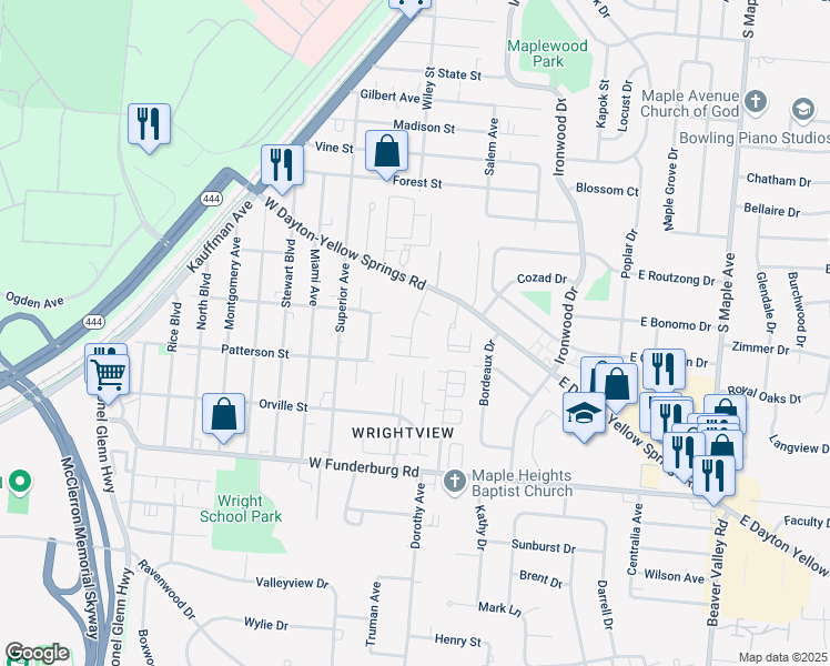 map of restaurants, bars, coffee shops, grocery stores, and more near 1754 Arlin Place in Fairborn
