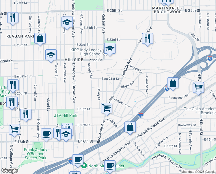 map of restaurants, bars, coffee shops, grocery stores, and more near 2026 Tipton Street in Indianapolis