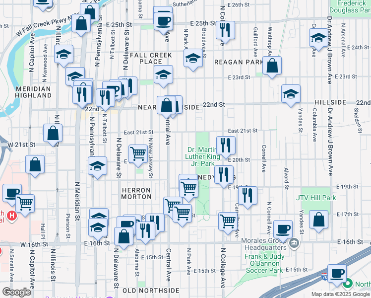 map of restaurants, bars, coffee shops, grocery stores, and more near 2037 Ruckle Street in Indianapolis