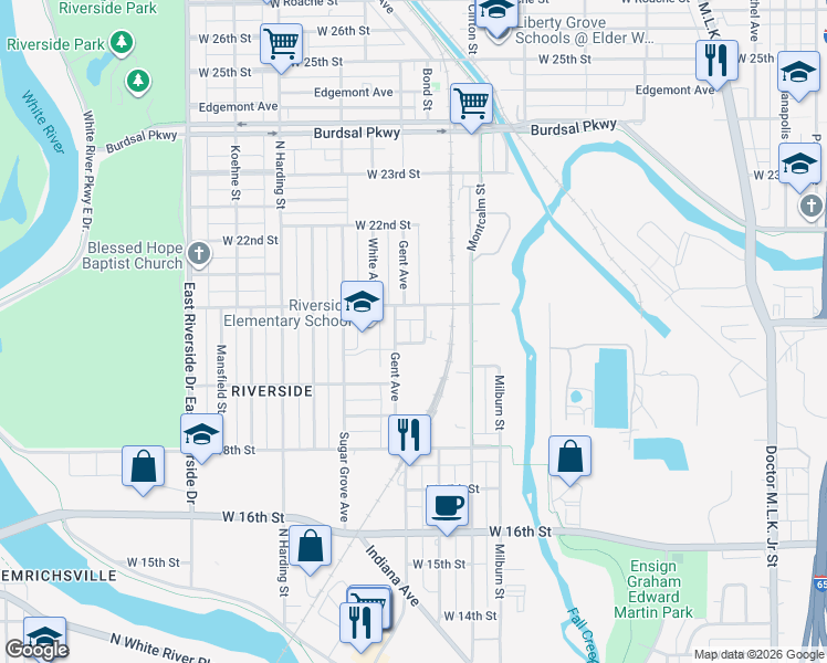 map of restaurants, bars, coffee shops, grocery stores, and more near 2030 Rembrandt Street in Indianapolis