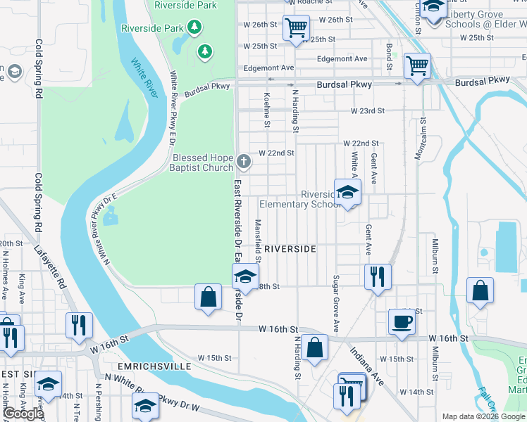 map of restaurants, bars, coffee shops, grocery stores, and more near 2034 Mansfield Street in Indianapolis