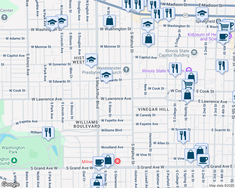 map of restaurants, bars, coffee shops, grocery stores, and more near 637 South Glenwood Avenue in Springfield