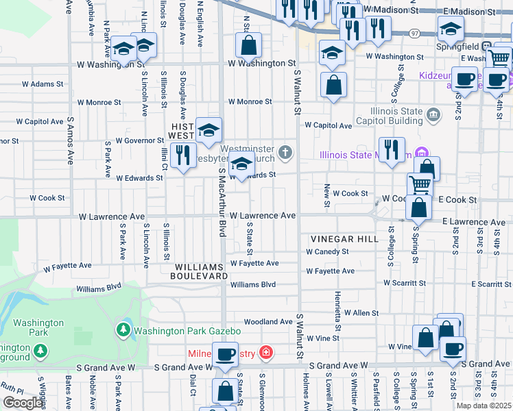 map of restaurants, bars, coffee shops, grocery stores, and more near 637 South Glenwood Avenue in Springfield