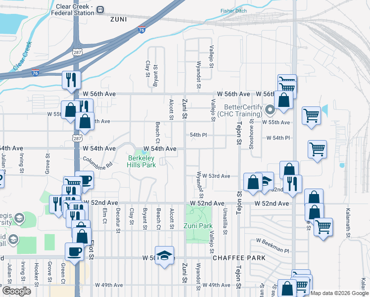 map of restaurants, bars, coffee shops, grocery stores, and more near Zuni St & W 54th Ave in Berkley