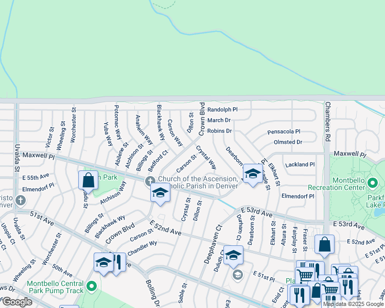 map of restaurants, bars, coffee shops, grocery stores, and more near 5546 Crown Boulevard in Denver