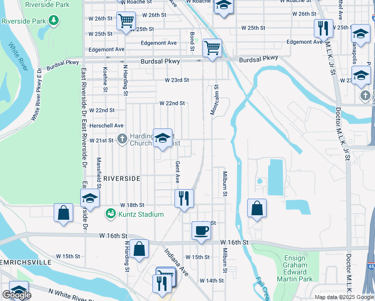 map of restaurants, bars, coffee shops, grocery stores, and more near 2030 Rembrandt Street in Indianapolis