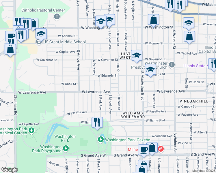 map of restaurants, bars, coffee shops, grocery stores, and more near 705 South Lincoln Avenue in Springfield