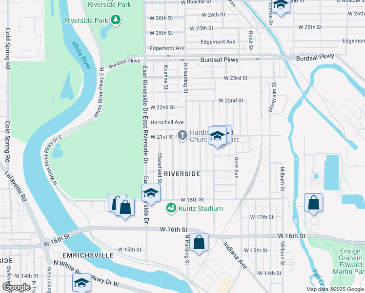 map of restaurants, bars, coffee shops, grocery stores, and more near 2029 Koehne Street in Indianapolis