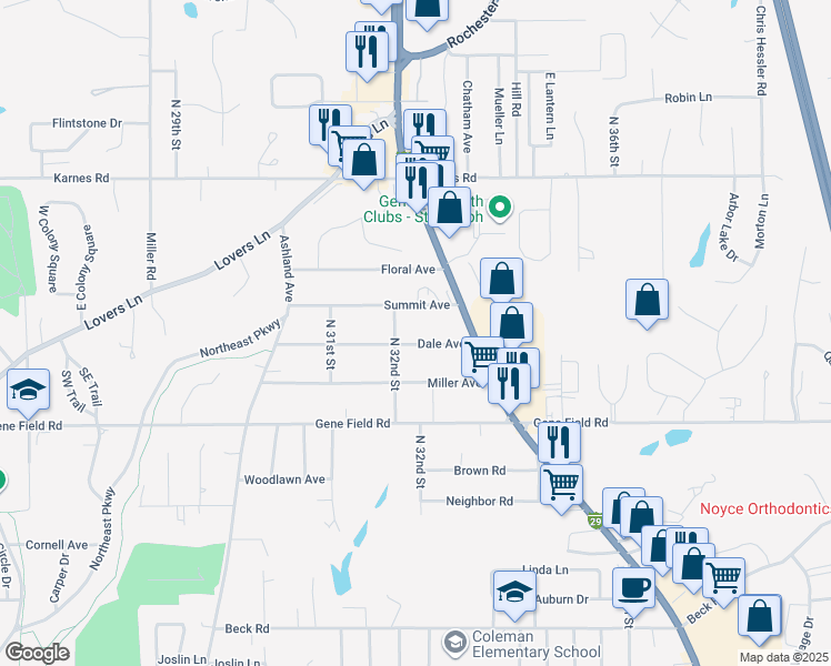 map of restaurants, bars, coffee shops, grocery stores, and more near 2909 North 32nd Street in Saint Joseph