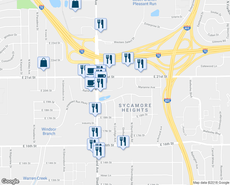 map of restaurants, bars, coffee shops, grocery stores, and more near 7100 Wadsworth Way in Indianapolis