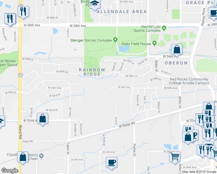 map of restaurants, bars, coffee shops, grocery stores, and more near 11291 West 54th Avenue in Arvada