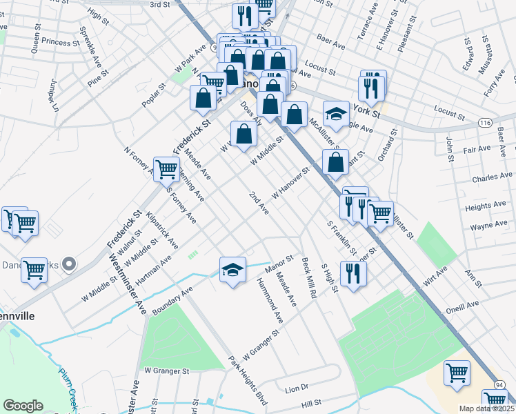 map of restaurants, bars, coffee shops, grocery stores, and more near 303 West Hanover Street in Hanover