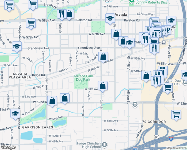 map of restaurants, bars, coffee shops, grocery stores, and more near 5406 Cody Street in Arvada