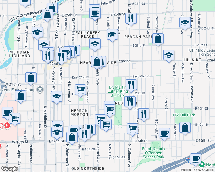 map of restaurants, bars, coffee shops, grocery stores, and more near 2037 Ruckle Street in Indianapolis