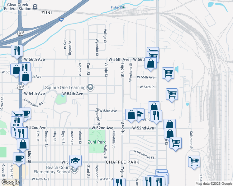 map of restaurants, bars, coffee shops, grocery stores, and more near 5420 Umatilla Street in Denver