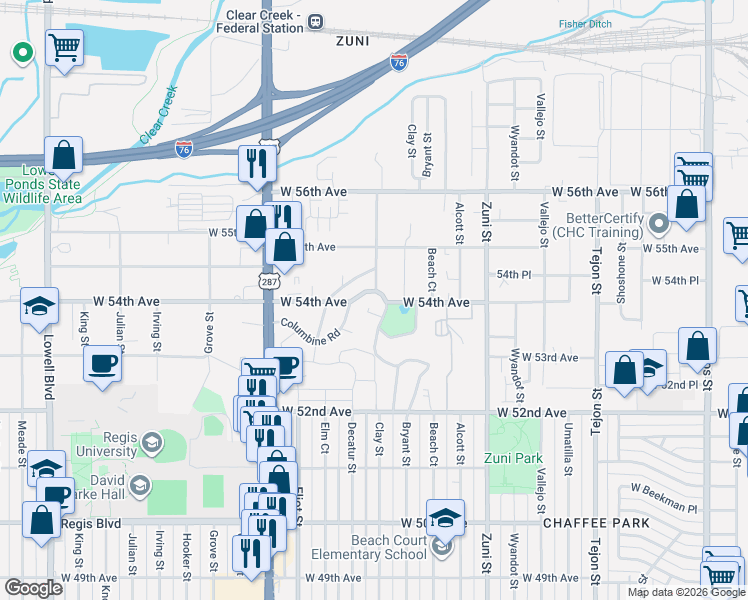 map of restaurants, bars, coffee shops, grocery stores, and more near 5425 Columbine Road in Denver