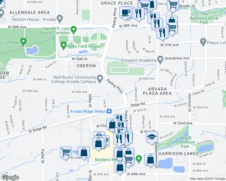 map of restaurants, bars, coffee shops, grocery stores, and more near 5458 Lee Street in Arvada