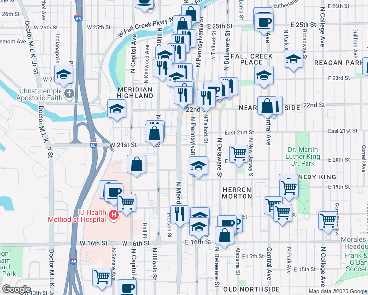 map of restaurants, bars, coffee shops, grocery stores, and more near 2105 North Meridian Street in Indianapolis