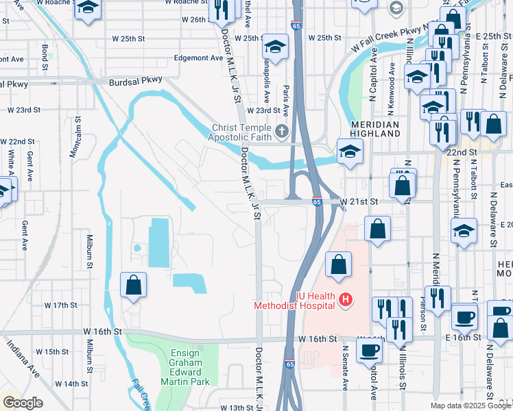 map of restaurants, bars, coffee shops, grocery stores, and more near 2100-2114 Doctor Martin Luther King Junior Street in Indianapolis