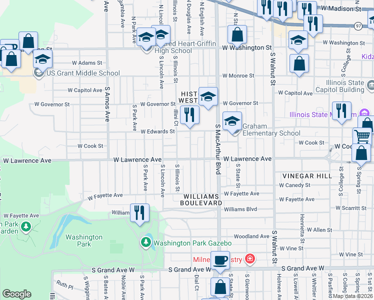 map of restaurants, bars, coffee shops, grocery stores, and more near 700 South Illinois Street in Springfield