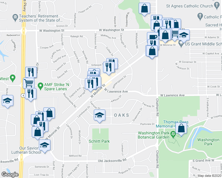 map of restaurants, bars, coffee shops, grocery stores, and more near 2301-2399 W Lawrence Ave in Springfield