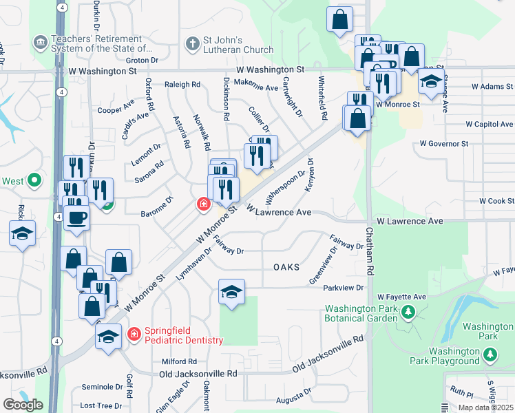 map of restaurants, bars, coffee shops, grocery stores, and more near 2301-2399 W Lawrence Ave in Springfield