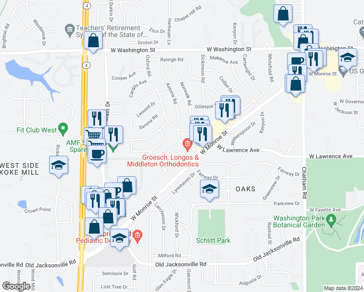 map of restaurants, bars, coffee shops, grocery stores, and more near 2515 Gaylord Avenue in Springfield