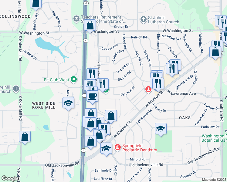 map of restaurants, bars, coffee shops, grocery stores, and more near 2636 West Lawrence Avenue in Springfield