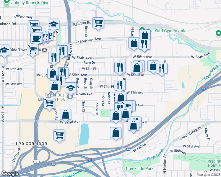 map of restaurants, bars, coffee shops, grocery stores, and more near 5420 Nolan Street in Arvada