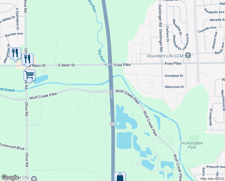 map of restaurants, bars, coffee shops, grocery stores, and more near State Route 49 & Wolf Creek Pike in Trotwood