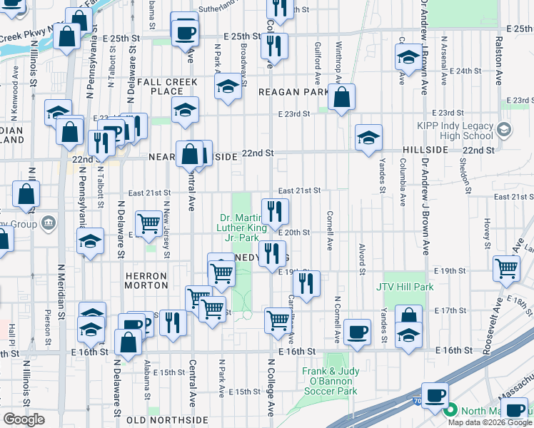 map of restaurants, bars, coffee shops, grocery stores, and more near 2038 North College Avenue in Indianapolis