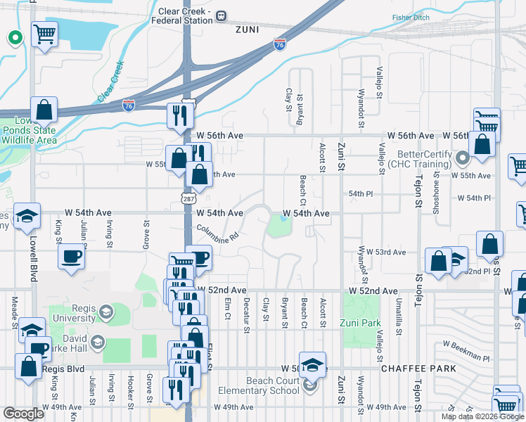 map of restaurants, bars, coffee shops, grocery stores, and more near 5425 Columbine Lane in Denver