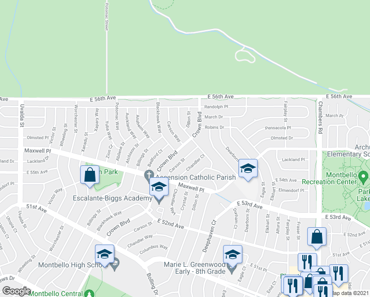 map of restaurants, bars, coffee shops, grocery stores, and more near 5546 Crown Boulevard in Denver