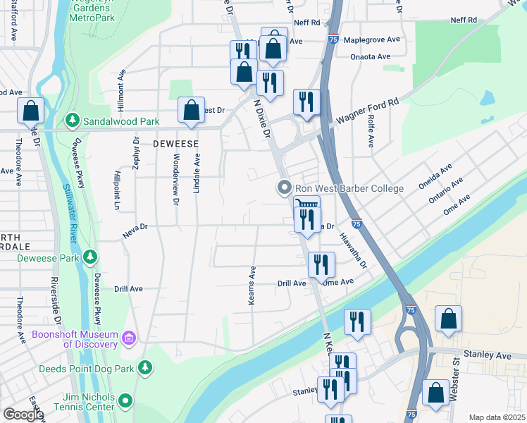 map of restaurants, bars, coffee shops, grocery stores, and more near 2024 Berwyck Avenue in Dayton