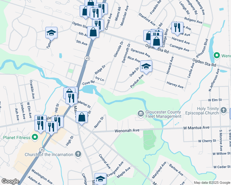 map of restaurants, bars, coffee shops, grocery stores, and more near 752 Purdue Avenue in Wenonah