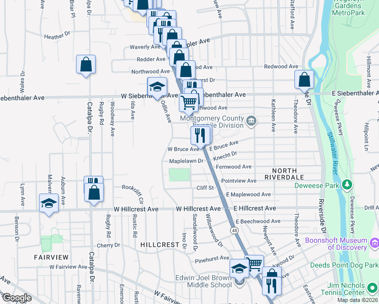 map of restaurants, bars, coffee shops, grocery stores, and more near 30 West Bruce Avenue in Dayton
