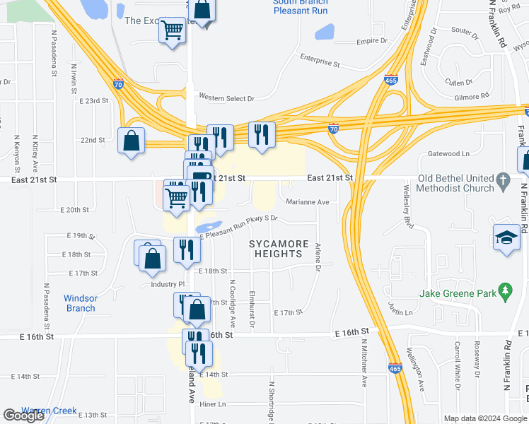 map of restaurants, bars, coffee shops, grocery stores, and more near 7162 East Pleasant Run Parkway South Drive in Indianapolis