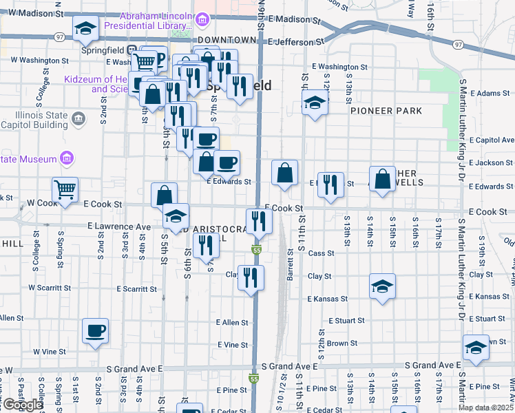 map of restaurants, bars, coffee shops, grocery stores, and more near 899 East Cook Street in Springfield