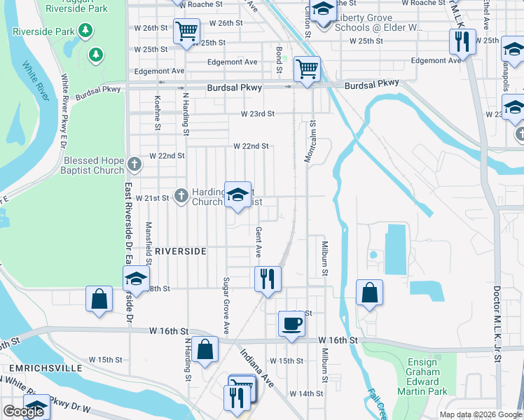 map of restaurants, bars, coffee shops, grocery stores, and more near 2030 Rembrandt Street in Indianapolis