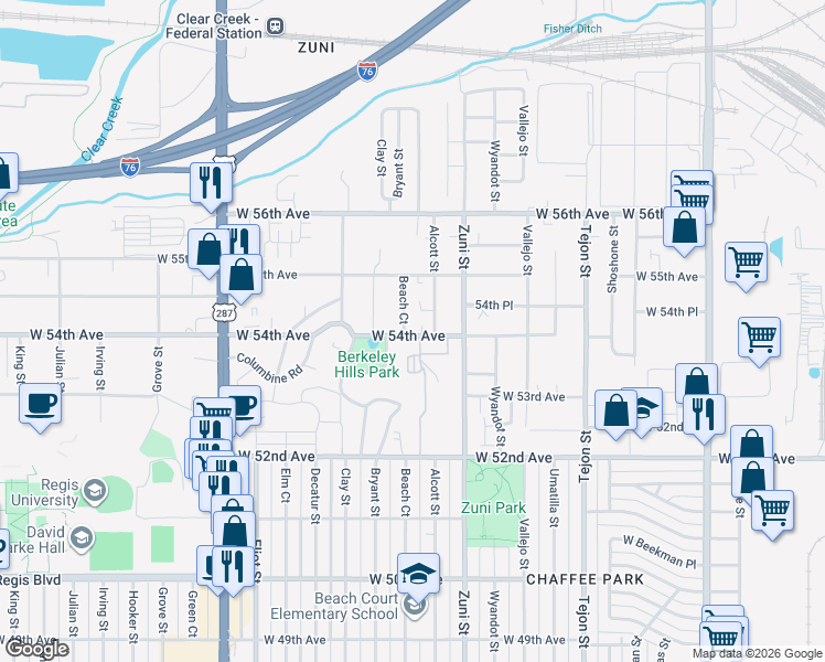 map of restaurants, bars, coffee shops, grocery stores, and more near 5400 Beach Court in Denver
