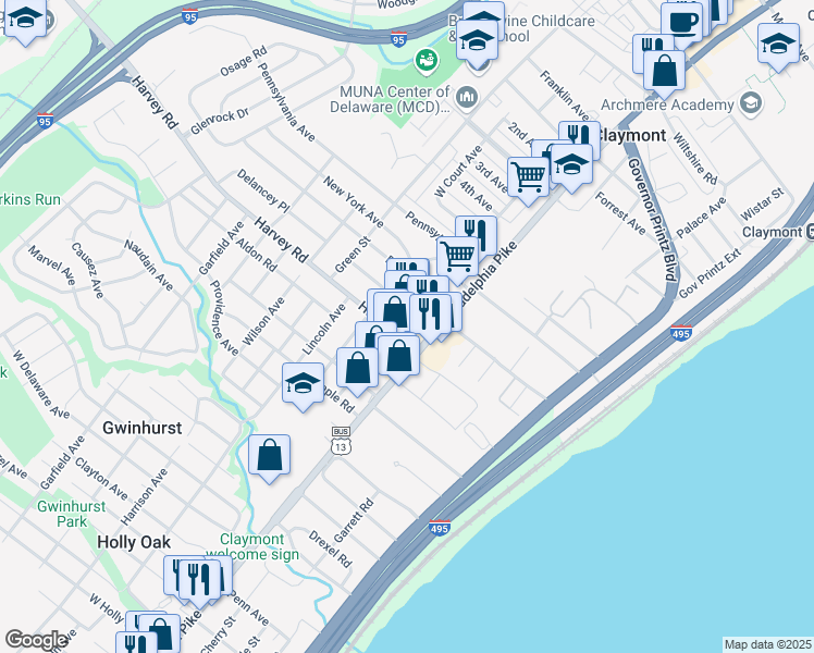 map of restaurants, bars, coffee shops, grocery stores, and more near 2713 Philadelphia Pike in Claymont